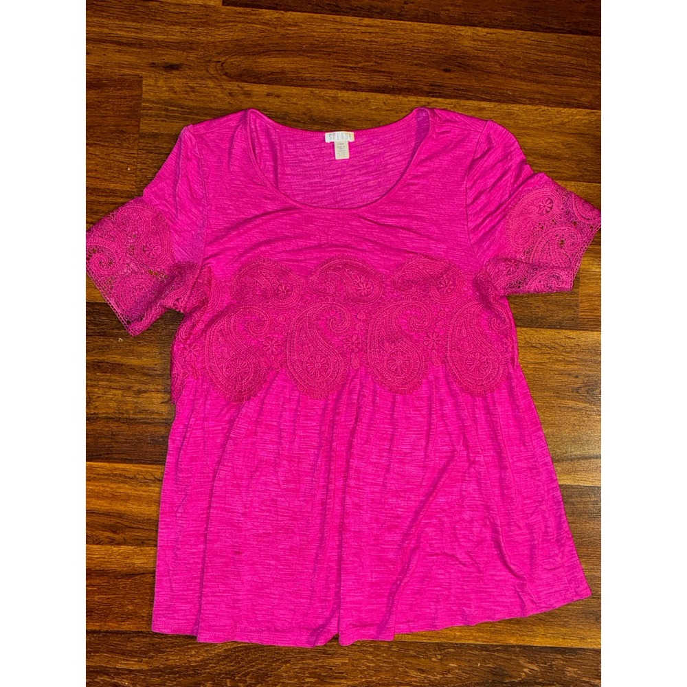 Spense Womens Hot Pink Paisley Crochet Lace Babydoll Knit Top Short Sleeve Large